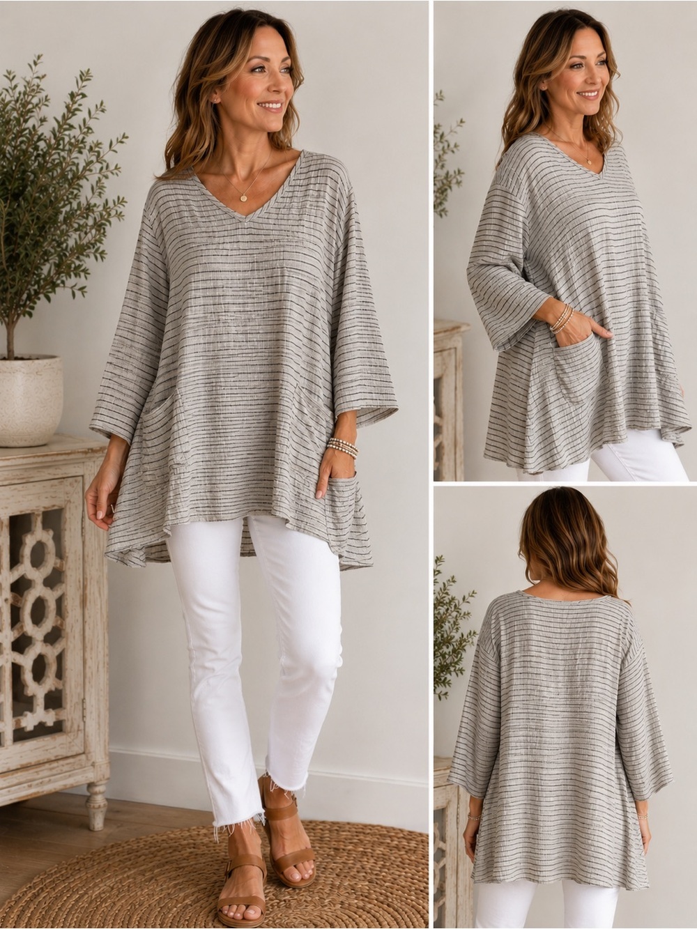 Comfy USA Striped V-Neck Oversized Tunic - Light Gray